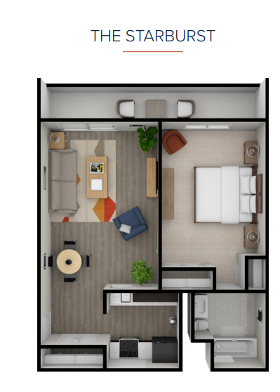 Floor plan for 1 bed, 1 bath, 585 sqft